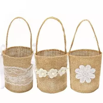 Свадебная кружевная мешковина, цветочная корзина, льняная ручка, винтажная деревенская свадебная церемония, украшение стола, подарочный пакет для конфет на вечеринку в честь рождения ребенка