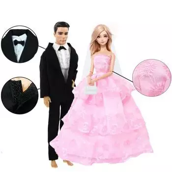 Свадебная кукольная одежда для кукол Барби Кен, розовое платье с вуалью, черный костюм, модная обувь, наряды, 1/6, 30 см, кукла, игрушка(НЕТ КУКЛ)