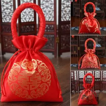 Свадебная сумка для конфет. Изысканный дизайн с кисточками. Удачная портативная парчовая красная сумка для конфет на свадьбу.