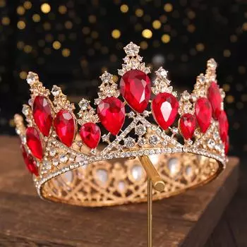 Свадебная тиара, корона, модная Золотая круглая хрустальная корона, аксессуары для волос невесты, вечерние головной убор, свадебные аксессуары для волос, тиара красный