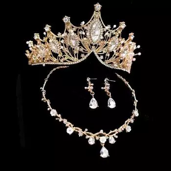 Свадебная тиара, корона, ожерелье, серьги, комплект из трех частей, барочная королева, корона на день рождения, корона для волос