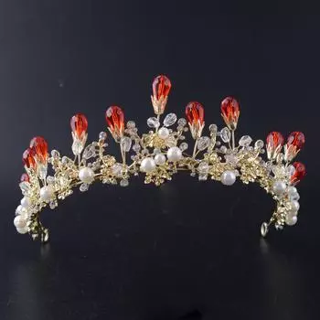 Свадебная тиара в китайском стиле, позолоченная красная, со стразами, жемчужный лес, корона ручной работы, украшения для волос, аксессуары для чонсама
