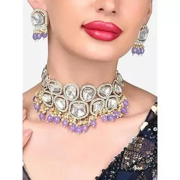 Свадебное колье-колье и серьги Kundan с фиолетовыми бусинами для женщин
