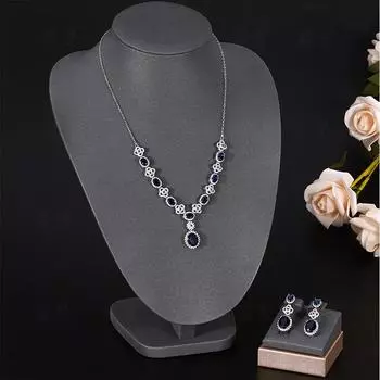 Свадебное ожерелье, европейские и американские серьги с четырьмя листочками клевера, синие кристаллы, капля воды, цепочка на ключицу, комплект ювелирных изделий