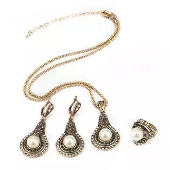 Свадебное ожерелье из искусственного жемчуга в турецком стиле, кольцо, серьги, комплект ювелирных изделий, подарок на вечеринку US 8 золотистый