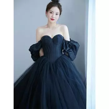 Свадебное платье 2025 атласная одежда темперамент банкет свадебное платье юбка длинное легкое свадебное платье S чёрный