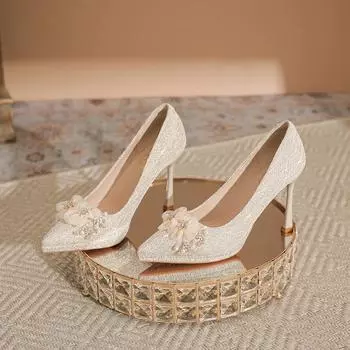 Свадебное платье для невесты туфли-стилеты свадебные женские не устают ноги водонепроницаемые столик высокий каблук стразы цветок неглубокий вырез туфли-стилеты 34