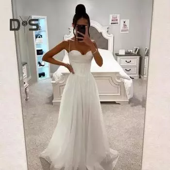 Свадебное платье для выпускного вечера, вечернее платье с открытой спиной, на тонких бретельках, с пайетками, без рукавов, А-силуэта, длиной до пола, бальное платье с глубоким вырезом, плиссированное коктейльное платье S белый