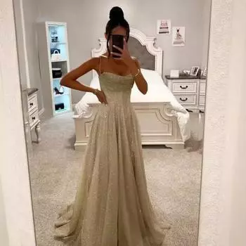 Свадебное платье для выпускного вечера, вечернее платье с открытой спиной, на тонких бретельках, с пайетками, без рукавов, А-силуэта, длиной до пола, бальное платье с глубоким вырезом, плиссированное коктейльное платье L шампанского