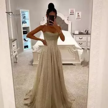 Свадебное платье для выпускного вечера, вечернее платье с открытой спиной, на тонких бретельках, с пайетками, без рукавов, А-силуэта, длиной до пола, бальное платье с глубоким вырезом, плиссированное коктейльное платье L шампанского