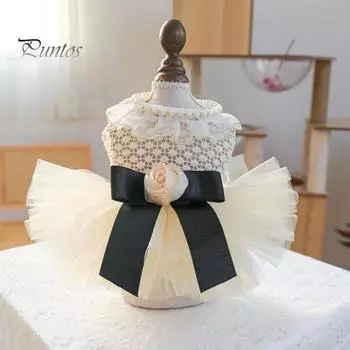 Свадебное платье принцессы-собаки Дышащее сетчатое платье с бантом и цветочным жемчужным декором Одежда-пачка без рукавов на кнопках для домашних животных для маленьких и средних собак M