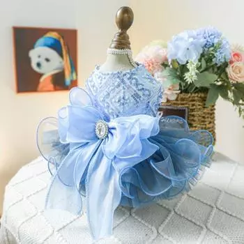 Свадебное платье с большим бантом для кошек и собак Синяя юбка для питомцев Платье феи Платье принцессы Реквизит для фотосъемки XL синий
