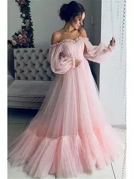 Свадебное платье с открытыми плечами, сетчатыми длинными рукавами и пышной юбкой - Элегантное женское платье с широким подолом XL розовый
