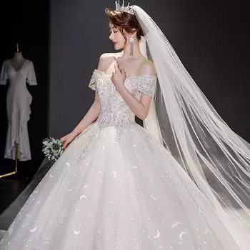 Свадебное платье Starry Sky Princess на одно плечо - 2024, длинный шлейф, французский стиль, маленький размер, плотное покрытие рук.