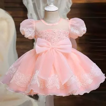 Свадебное праздничное платье с бантом для малышей для девочек 1 года, платье-пачка с цветочным узором на день рождения, платье для выпускного вечера с пышными рукавами, детское платье принцессы для выпускного вечера, детское платье 6-9M розовый