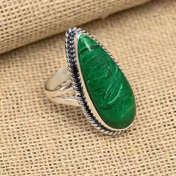 Свадебное ювелирное кольцо ручной работы из стерлингового серебра 925 пробы с малахитовым камнем 4 зелёный