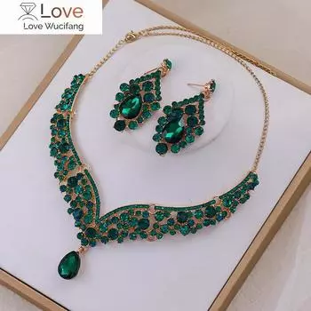 Свадебное зеленое хрустальное ожерелье, серьги, корона, аксессуары, стразы, разноцветное ожерелье, комплект сережек, свадебные аксессуары, ожерелья красный