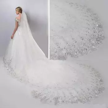 Свадебные аксессуары Длинная фата Свадебная кружевная фата из тюля с аппликацией Роскошная свадебная фата One Size белый