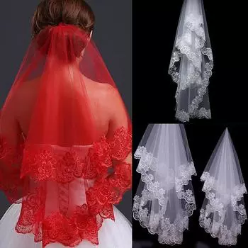 Свадебные аксессуары Короткая свадебная фата белого цвета слоновой кости Однослойная фата с аппликациями и кружевным краем 150cm белый