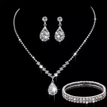 Свадебные аксессуары, простые и стильные серьги с кристаллами и каплями воды, ожерелье, серьги, браслет, аксессуары для банкета серебряный