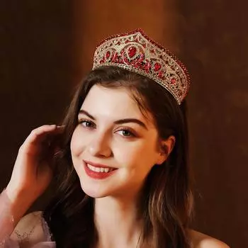 Свадебные аксессуары Роскошная тяжелая промышленность Красный Кристалл Свадебная корона Головной убор Этнический стиль Свадебная корона, полная бриллиантов