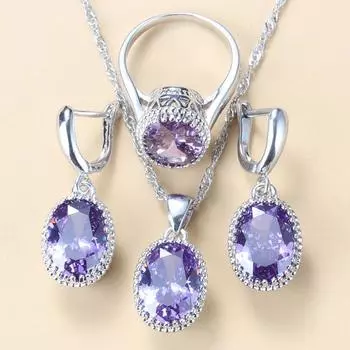 Свадебные-помолвочные комплекты ювелирных изделий марки 925 Aaa + качество, свадебный костюм с натуральными кристаллами, комплекты из 3 предметов для женщин, 8 цветов, ювелирные изделия 10 фиолетовый
