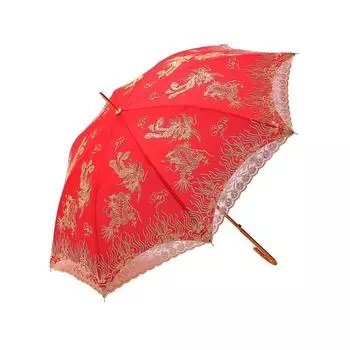 Свадебные принадлежности Невеста, обрученная, замужем, красный зонтик с длинной ручкой, вышитый кружевом, китайский свадебный прямой зонтик.