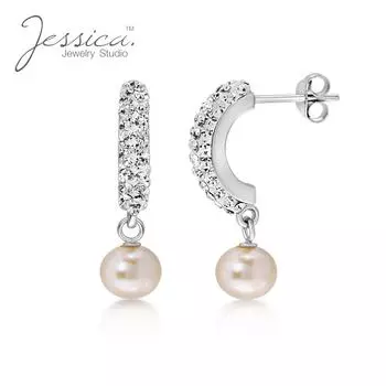 Свадебные серьги из стерлингового серебра 925 пробы с настоящим пресноводным жемчугом и полукольцами в хрустальном паве