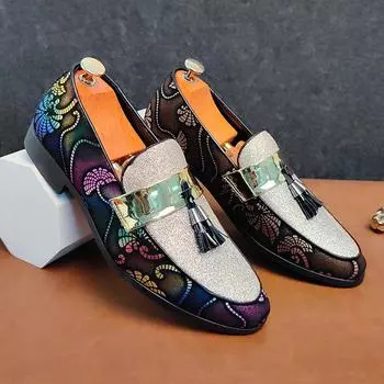 Свадебные туфли без застежек, плетеные мужские туфли, модная кожаная мужская повседневная обувь весна-осень, роскошные лоферы, мужские мокасины для платья 6.5 золотой