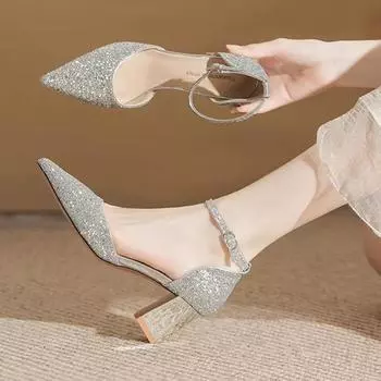 Свадебные туфли Главное свадебное платье не устает от ног Свадебные туфли Золотые туфли с пряжкой в виде одного слова на высоком каблуке Женские туфли подружки невесты с толстым каблуком и полыми кристаллами 34 розового золота