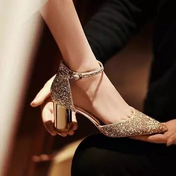 Свадебные туфли Главное свадебное платье не устает от ног Свадебные туфли Золотые туфли с одним словом на высоком каблуке Женские толстые каблуки Красивая хрустальная невеста 34 розового золота