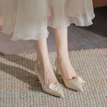 Свадебные туфли Камелия женские толстые каблуки не устают, неглубокий рот заостренный носок элегантные помолвочные высокие каблуки можно носить каждый день осенью 34 абрикосовый