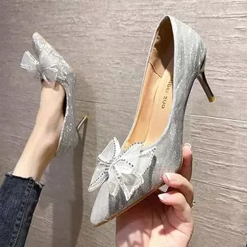Свадебные туфли невесты Lucyever с кристаллами и бантом, женские роскошные туфли-лодочки с острым носком на тонком каблуке, женские туфли больших размеров на высоком каблуке для вечеринок 42 34