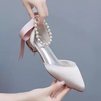 Свадебные туфли невесты на плоской подошве с острым носком, женские белые атласные туфли невесты с бусинами Sandalias De Mujer 34 белый