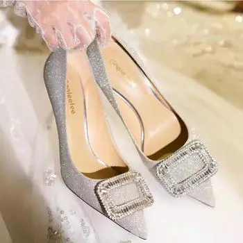 Свадебные туфли женские с заостренным ромбом и квадратной пряжкой темпераментные взрослые подарочные туфли одинарные свадебные туфли на высоком каблуке 34