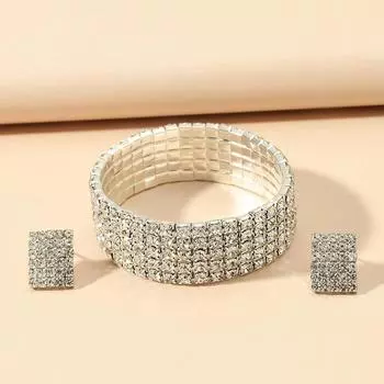 Свадебные украшения, эластичный браслет-цепочка с бриллиантами, прямоугольные серьги, браслет. серебряный