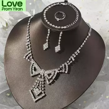 Свадебные украшения для женщин, ожерелье и серьги с подвеской из горного хрусталя, браслет, кольцо, четыре предмета, свадебные украшения оптом