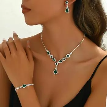 Свадебные украшения из трех частей Зеленый бриллиантовый комплект ожерелье Серьги из трех частей Комплект ювелирных изделий