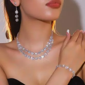 Свадебные украшения, роскошные сверкающие бриллианты, изысканное колье, серьги, браслет, комплект из трех предметов, модная вещь, серьги и комплект ювелирных изделий.