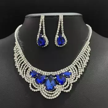 Свадебные украшения с бриллиантами, женские серьги-капли, простое темпераментное ожерелье в форме веера, цепочка на ключицу, комплект украшений, комплект из двух предметов. синий