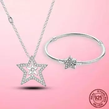 Свадебные женские ювелирные наборы из серебра 925 пробы, звездное ослепительное ожерелье с фианитом и браслетом для женщин, помолвка, изящные ювелирные украшения серебряный