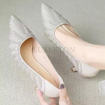 Свадебный банкет официальный наряд женские темпераментные тонкие каблуки высокие каблуки полные бриллианты жемчуг заостренный мелкий носок одинарные туфли 35 абрикосовый