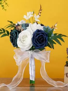 Свадебный букет для невесты Букет из искусственных цветов с лентой Искусственные цветы Шелковые розы Свадебный букет Букет подружки невесты для свадебного украшения синий