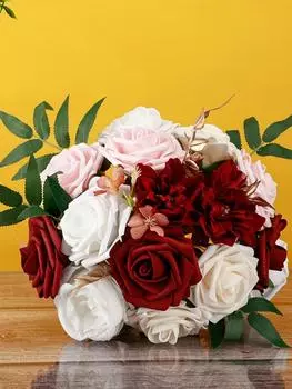 Свадебный букет из шелковых роз для невесты Букет из искусственных роз с лентой Букет невесты Букет невесты для украшения свадьбы синий