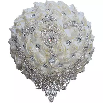 Свадебный букет ручной работы Букет роз Бросок искусственный букет Лента Жемчужный горный хрусталь Свадебный букет