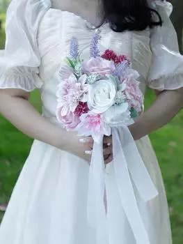 Свадебный букет с лентами, 1 шт., искусственный цветок розы для невесты, подружки невесты, букет искусственных цветов для свадебной церемонии и вечеринки в честь Дня святого Валентина розовый