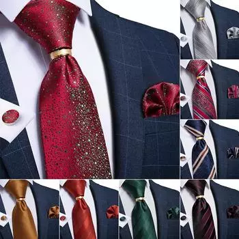 Свадебный галстук для мужчин, красный блестящий шелковый галстук, комплект с золотым кольцом, нагрудные квадратные запонки, комплект Dibangu 7222