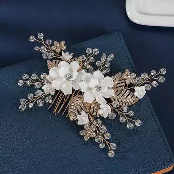 Свадебный головной убор из сплава, гребень для фотосъемки, свадебное платье, аксессуары для волос, белый, ручной работы, керамический цветок, гребень для волос золотой