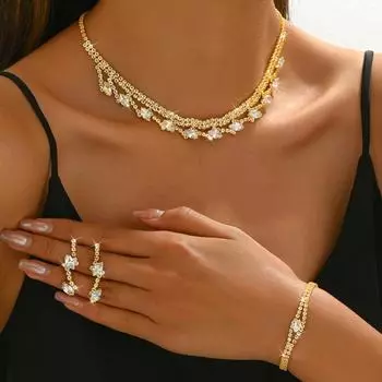 Свадебный комплект украшений из циркония и страз, полный бриллиантов, женские свадебные украшения, ожерелье, серьги, браслет, комплект из трех предметов