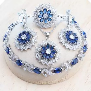 Свадебный комплект ювелирных изделий из кубического циркона для женщин, свадебные кольца/браслеты/серьги/подвеска, комплект ожерелья 7 синий